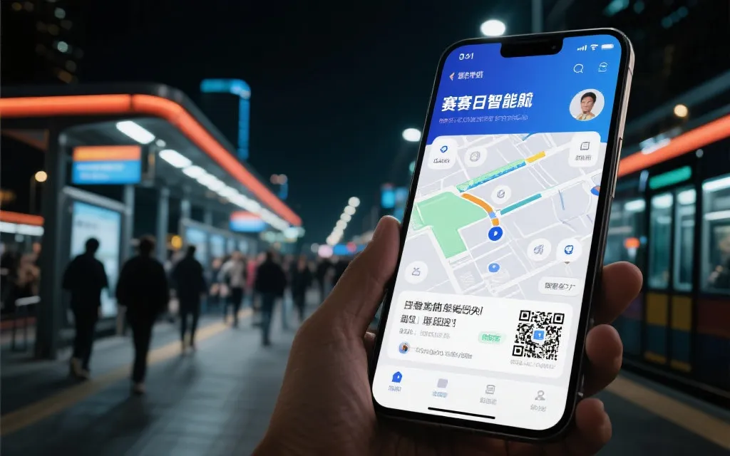 手机展示赛事日导航与联票界面，背景是夜间城市公共交通站台